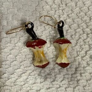Vintage 1970s Apple Core (resin) Dangle earrings. Gold wire hook. Cute